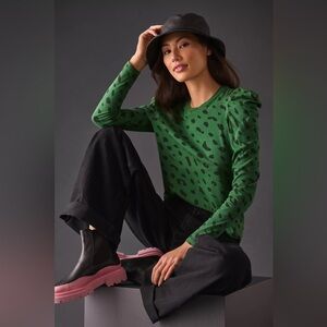 Clare V. Puff Sleeve Sweatshirt Green and Black Animal Print Size Small